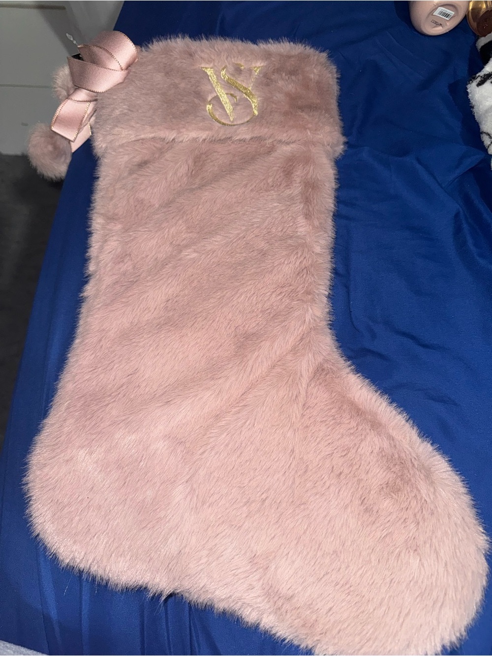 Victoria's Secret Pink Faux Fur Holiday Stocking with Gold Logo